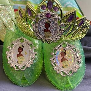 Disney Princess gown, tiaras and Shoes -Green and Purple